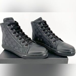 Authentic Gucci Women's Black GG Monogram High-Top Sneakers & dust bag